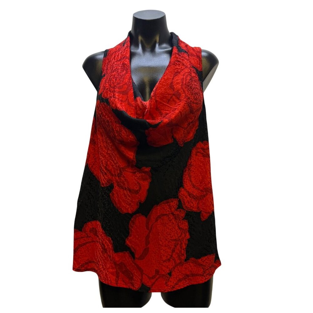 Trina Turk Silk Blend Cowl Neck Sleeveless Blouse Red & Black Floral XL